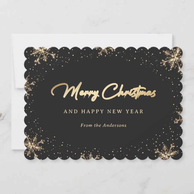 Tarjeta Festiva Sonriente nieve de copo de nieve negro y oro (Anverso)