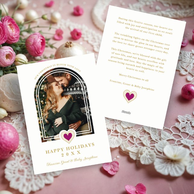 Tarjeta Festiva Sophisticated Arch with Lace Effect Hot Pink Heart (Sophisticated Arch with Lace Effect Hot Pink Heart-Shape Photo Family Holidays Cards.)