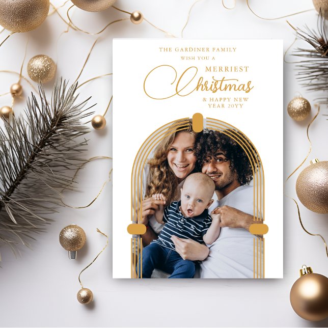 Tarjeta Festiva Sophisticated Gold Arch Photo Merriest Christmas (Sophisticated Fake Golden Dome Arch Photo Merriest Christmas Holiday Card with Envelope.)