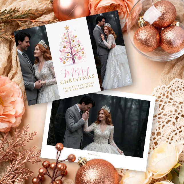 Tarjeta Festiva Sophisticated Pink First Christmas Wedding Tree (Refined Pink Christmas Tree 3-Photo Cards for Wedding or First Christmas Holiday Cards.)