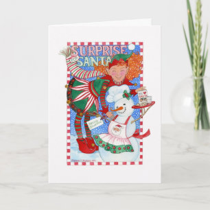 Tarjeta Festiva Sorpresa de Elf y Snowman por Santa