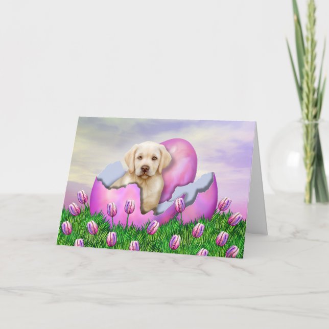 Tarjeta Festiva Sorpresa de Pascua de Labrador Amarillo (Anverso)