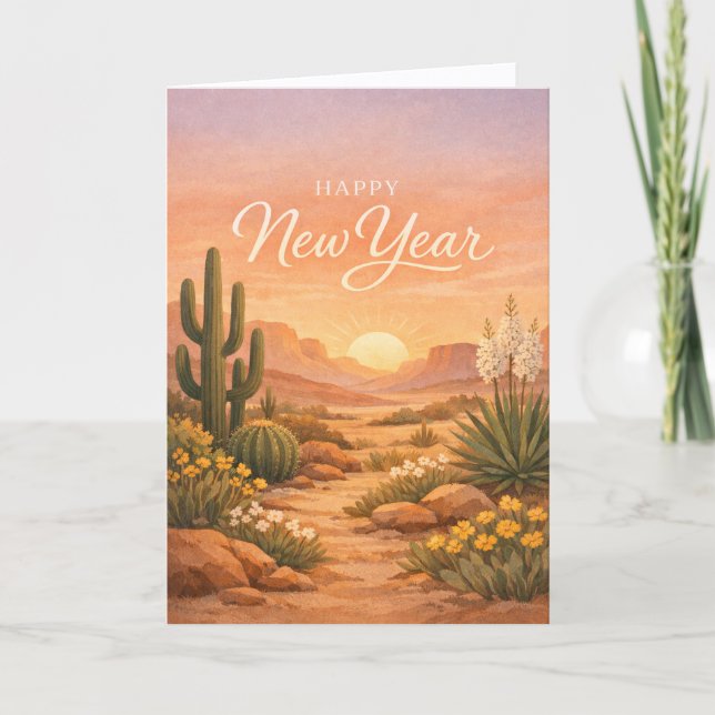 Tarjeta Festiva Southwest Desert Sunrise New Year (Anverso)