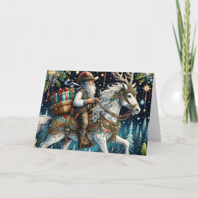 Tarjeta Festiva Southwest Santa Delivering Gifts On Horseback (Anverso)