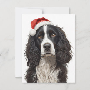 Tarjeta Festiva Spaniel negro y blanco sombrero de Santa arte de N