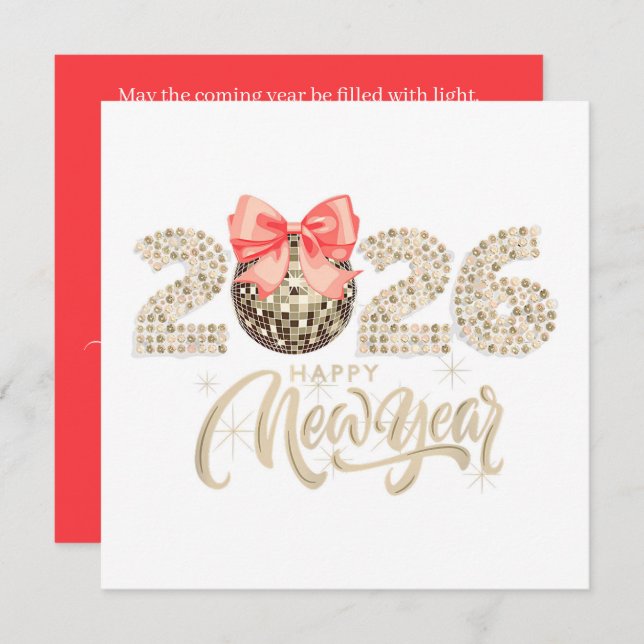 Tarjeta Festiva Sparkling 2026 New Year’s Card with Disco Ball Bow (Anverso / Reverso)