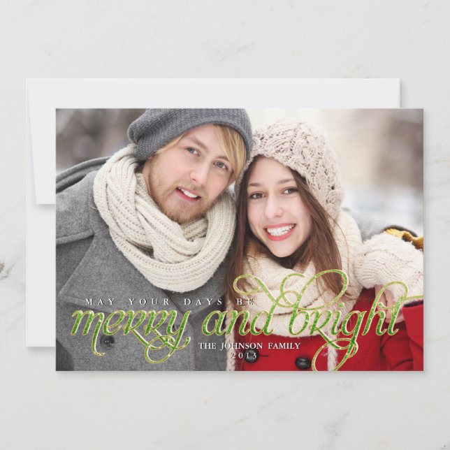 Tarjeta Festiva Sparkling Script Merry and Bright Holiday Card (Anverso)