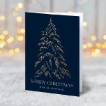 Tarjeta Festiva Sparkling Winter Pine Merry Christmas Non-Photo<br><div class="desc">Carta de bienvenida de vacaciones moderna y elegante con un flautista árbol de pino de Relieve metalizado dorado con fondo marino (o color de su elección). "Feliz Navidad" se muestra en la parte delantera con una fuente serif moderna y blanca con tu nombre o texto personalizado debajo. El interior de...</div>