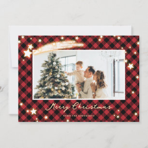 Tarjeta Festiva Sparkly Black and Red Buffalo Plaid Star Photo