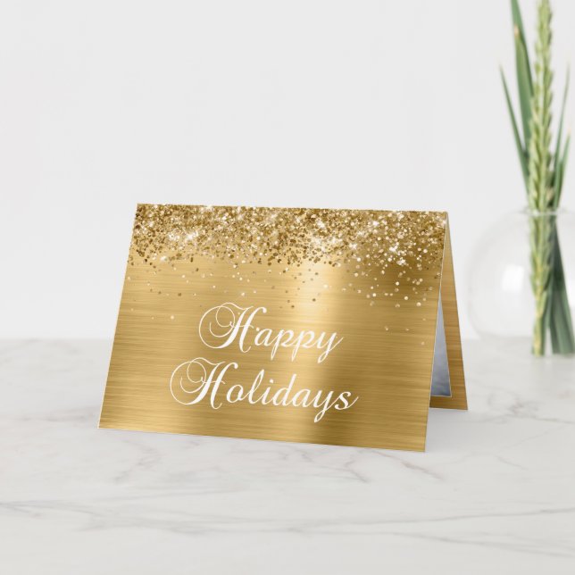 Tarjeta Festiva Sparkly Gold Family Photo Happy (Anverso)