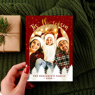Tarjeta Festiva Sparkly Gold Red Tis' The Season Christmas Trees