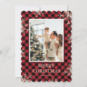 Tarjeta Festiva Sparkly Red Buffalo Plaid Photo Merry Christmas