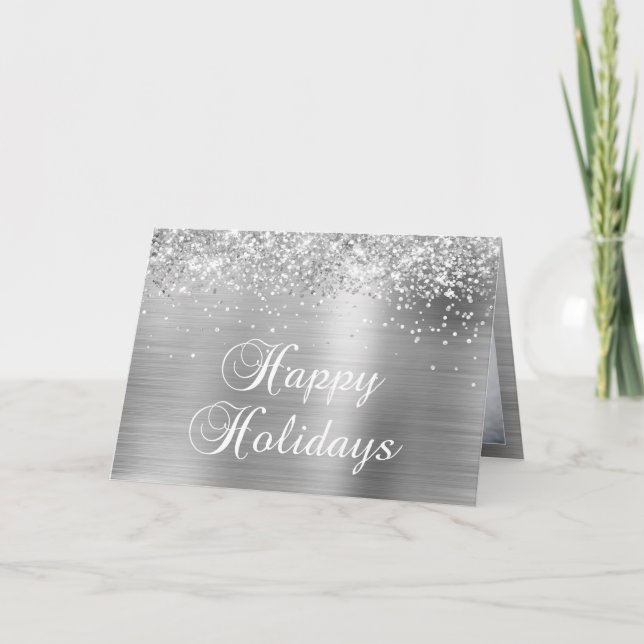 Tarjeta Festiva Sparkly Silver Family Photo Happy (Anverso)