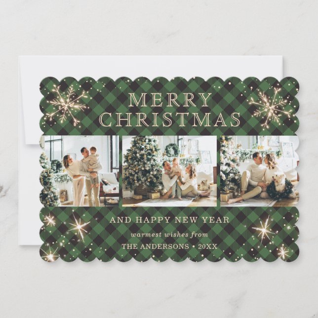 Tarjeta Festiva Sparkly Snowflake Green Plaid 3 Collage de fotos (Anverso)