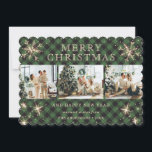 Tarjeta Festiva Sparkly Snowflake Green Plaid 3 Collage de fotos<br><div class="desc">Hermosa tarjeta de vacaciones de collage de fotos de búfalos verdes con copos de nieve y estrellas. Personaliza fácilmente esta linda tarjeta de vacaciones con tus fotos y texto.</div>