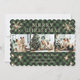 Tarjeta Festiva Sparkly Snowflake Green Plaid 3 Collage de fotos