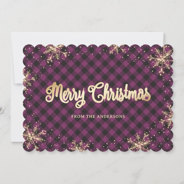 Tarjeta Festiva Sparkly Snowflakes Navidades Purple Gold (Anverso)