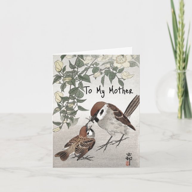 Tarjeta Festiva Sparrow Alimentando Chick Vintage Arte Asiático (Anverso)
