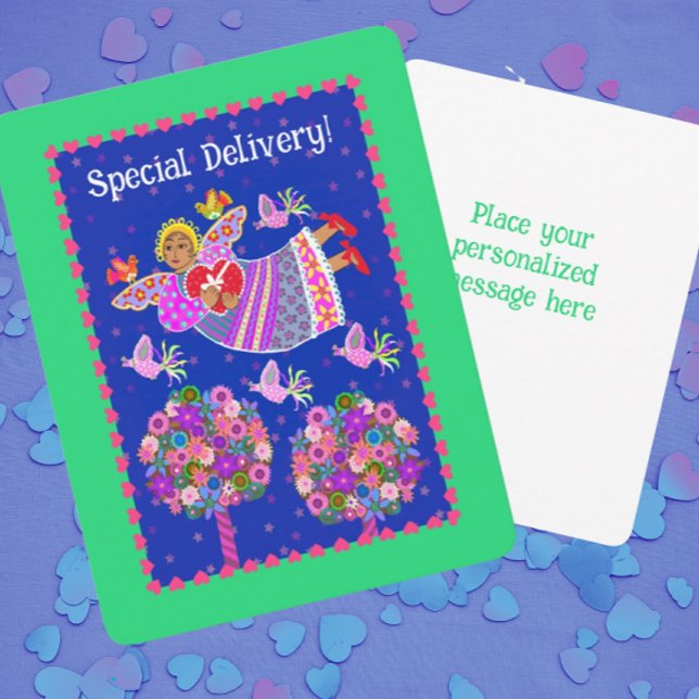 Tarjeta Festiva Special Delivery Angel Valentine Personalized (Personalize the back!)
