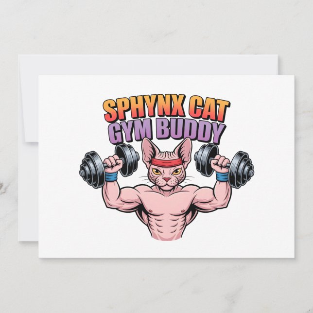 Tarjeta Festiva Sphynx Cat Gym Buddy Muscular Cartoon (Anverso)