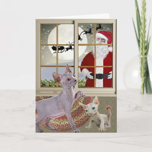 Tarjeta Festiva Sphynx que mira para el arte de Santa (Anverso)