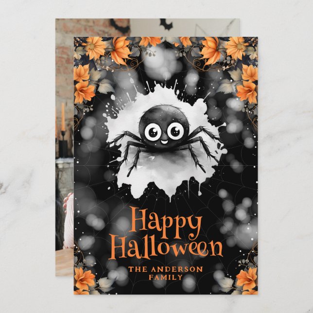 Tarjeta Festiva Spider Cobweb Photo Happy Halloween Card (Anverso / Reverso)