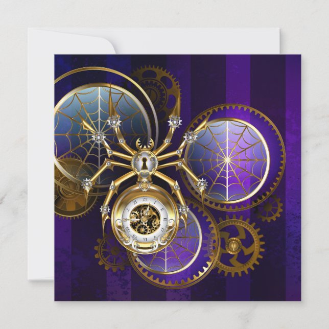 Tarjeta Festiva Spider Steampunk sobre fondo morado (Anverso)
