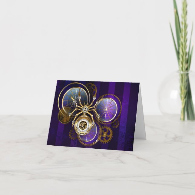 Tarjeta Festiva Spider Steampunk sobre fondo morado (Anverso)