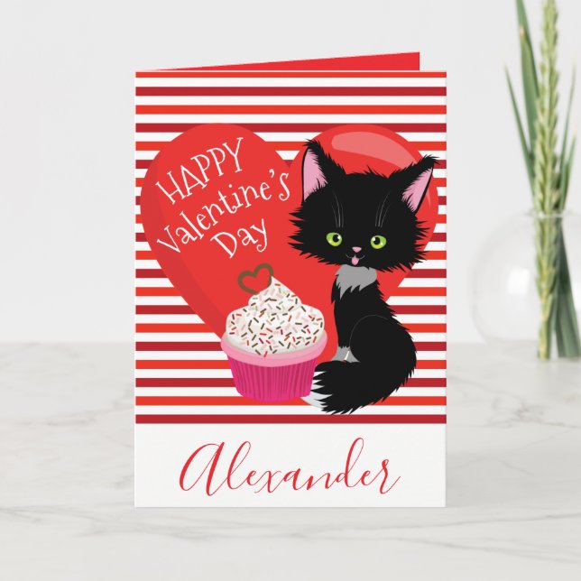 Tarjeta Festiva Splendid Cat Red and White Stripes Valentine Day (Anverso)