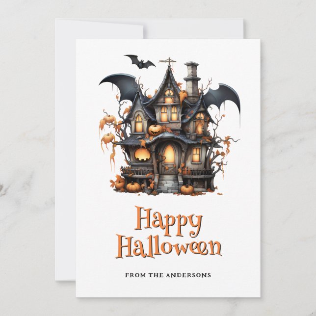 Tarjeta Festiva Spookhouse Pumpkins Bat Ghost Halloween Card (Anverso)