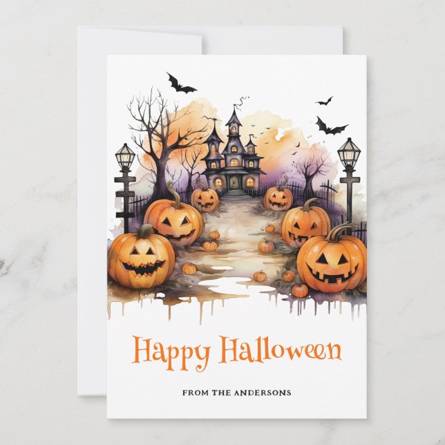 Tarjeta Festiva Spookone Halloween Hauned House Pumpkins Card (Anverso)