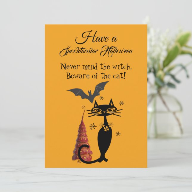 Tarjeta Festiva Spooktacular Halloween Poem Black Cat Cute Creepe (Anverso de pie)