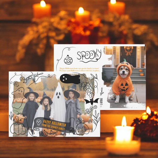 Tarjeta Festiva Spooky Happy Halloween ilustraciones 2 fotos (Spooky Happy Halloween illustrations 2 photos Holiday Card)