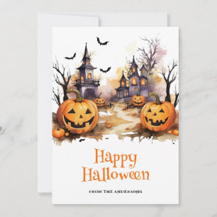 Tarjeta Festiva Spooky Haunted House Pumpkins Happy Halloween Card