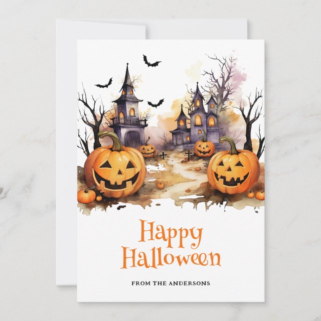 Tarjeta Festiva Spooky Haunted House Pumpkins Happy Halloween Card (Anverso)