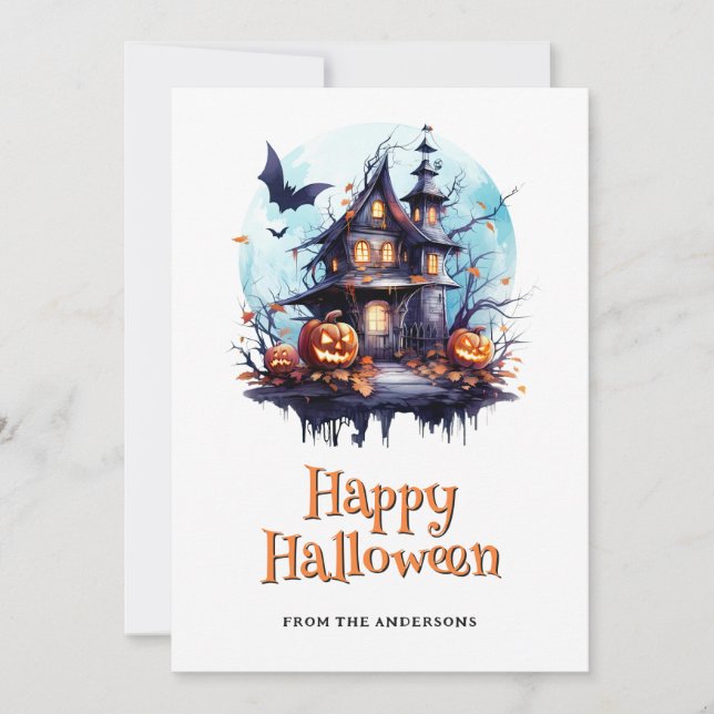 Tarjeta Festiva Spooky Jack O’Lanterns Bats Ghost Halloween Card (Anverso)