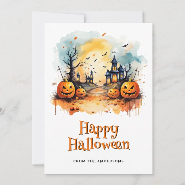 Tarjeta Festiva Spooky Jack O’Lanterns Bats Halloween Card (Anverso)