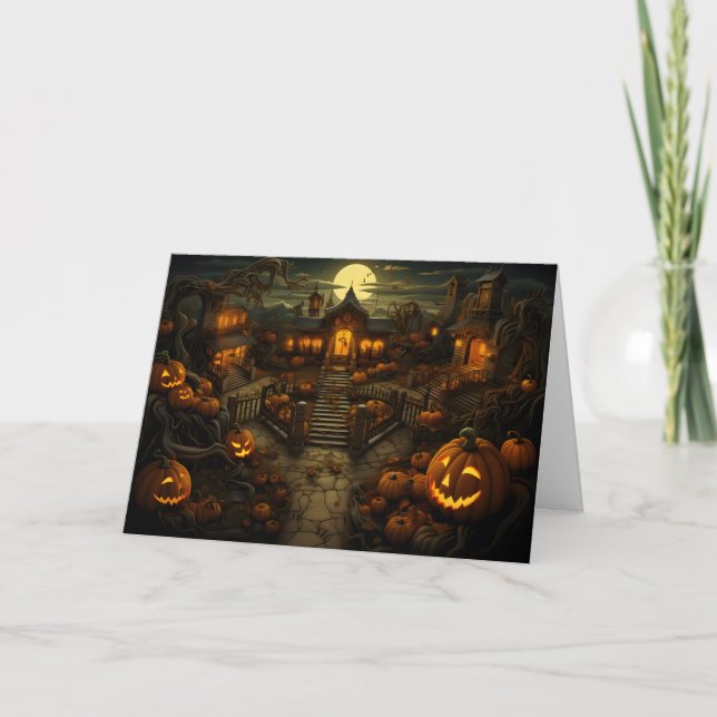 Tarjeta Festiva Spooky Jack O' Latern Pumpkin Patch Greaming Card (Anverso)