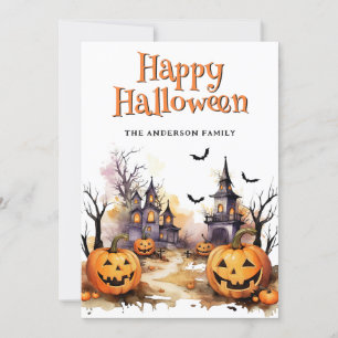 Tarjeta Festiva Spooky Jack O'Lanterns Bats Ghosts Halloween Card