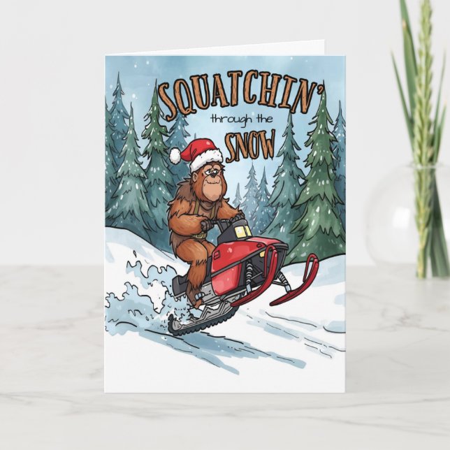 Tarjeta Festiva Squatchin' through the Snow Bigfoot Christmas (Anverso)