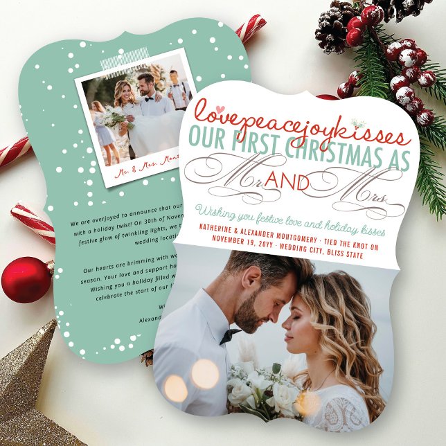 Tarjeta Festiva Sr. y Sra. First Christmas Mistletoes Photo Boda (Love Peace Joy Kisses Mr And Mrs First Christmas 4 Photo Collage Wedding Holiday Card @ fat_fa_tin)