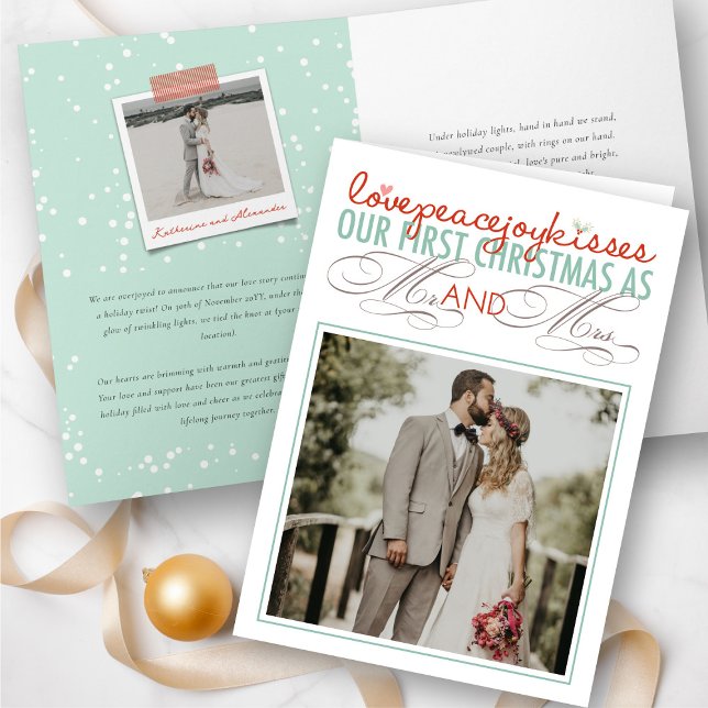 Tarjeta Festiva Sr. y Sra. First Christmas Mistletoes Photo Boda (Love Peace Joy Kisses Our First Christmas As Mr & Mrs Photo Wedding Holiday Card @ fat_fa_tin)