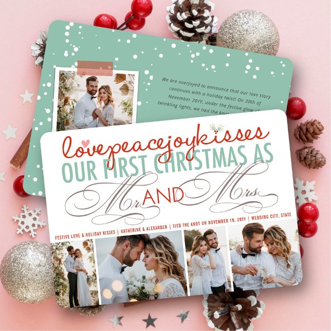 Tarjeta Festiva Sr. y Sra. Primera Boda de Collage de fotos de Nav (Love Peace Joy Kisses - Mr & Mrs First Christmas - 4 Photo Collage Holiday Wedding Card by fatfatin)