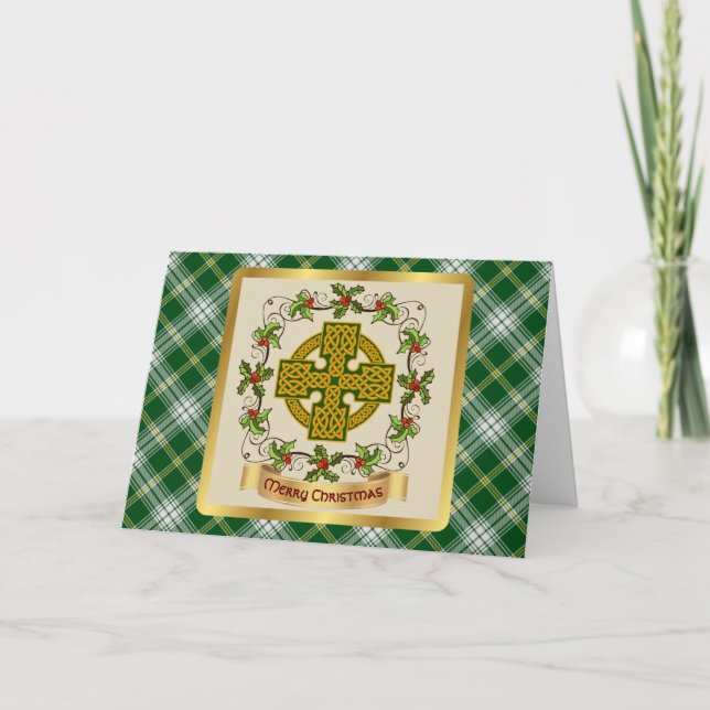 Tarjeta Festiva St Patrick Tartan w/Celtic Cross Personalizado (Anverso)