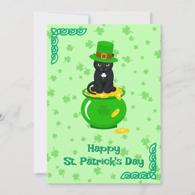 Tarjeta Festiva St. Patrick's Day Shamrock Pot of Gold Black Cat (Anverso)