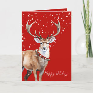 Tarjeta Festiva Stag Reindeer Red Bell Collar Feliz feriado