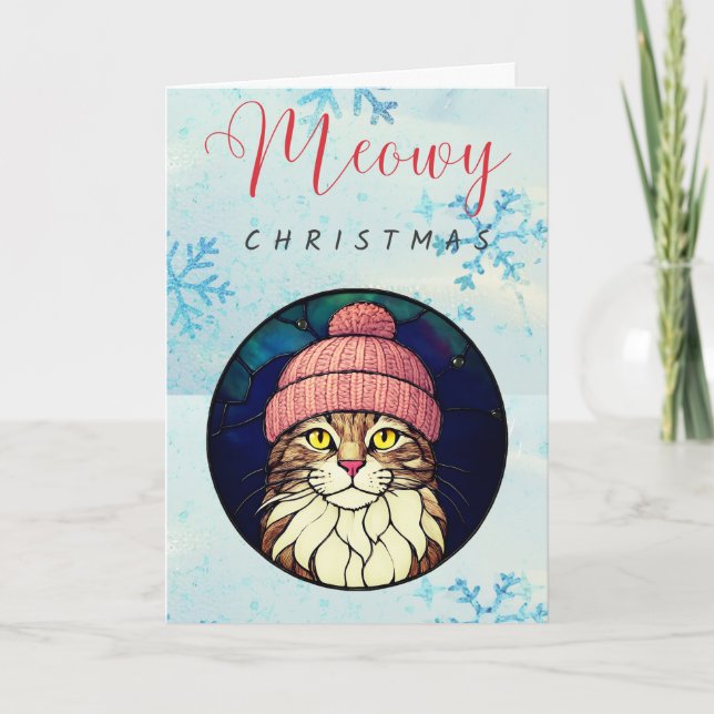 Tarjeta Festiva Stained-Glass Christmas Tabby Cat In Pink Cap (Anverso)