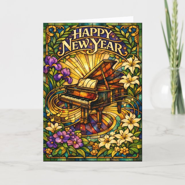 Tarjeta Festiva Stained Glass Piano Floral New Year (Anverso)