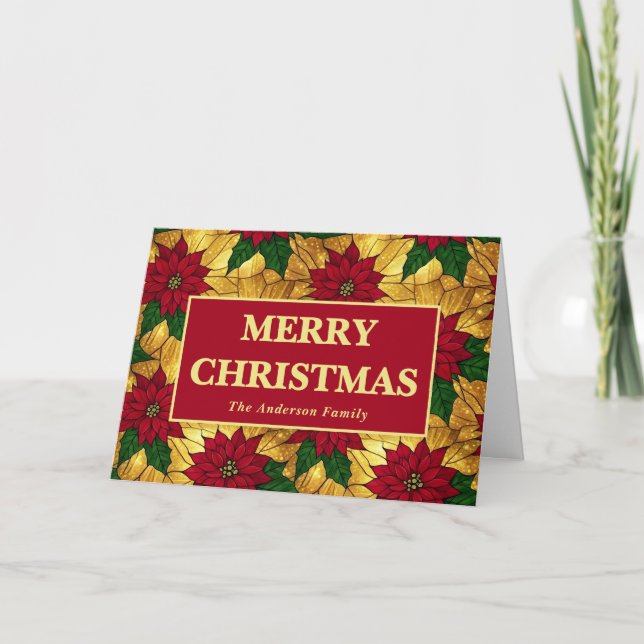 Tarjeta Festiva Stained Glass Poinsettia Merry Christmas (Anverso)