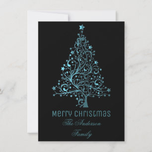 Tarjeta Festiva Starry Christmas Tree Black Blue Metallic Look